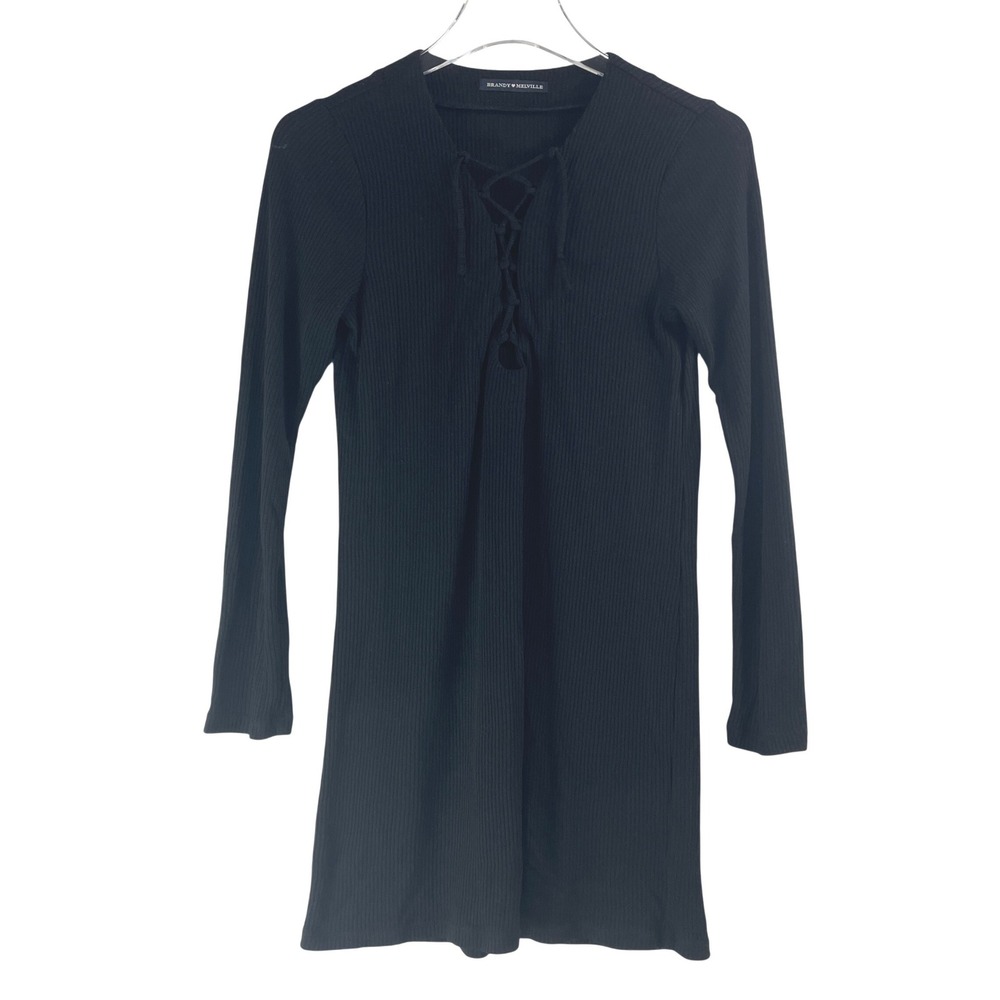 Brandy Melville Black Ribbed Lace Up Long Sleeve Mini Dress Cotton One Size